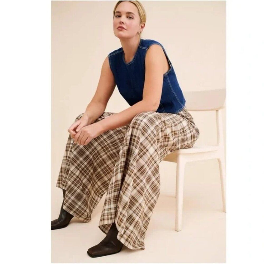 SELKIE Jo Trousers Free People Flowy Wide Leg Plaid Lightweight Pants NWOT S